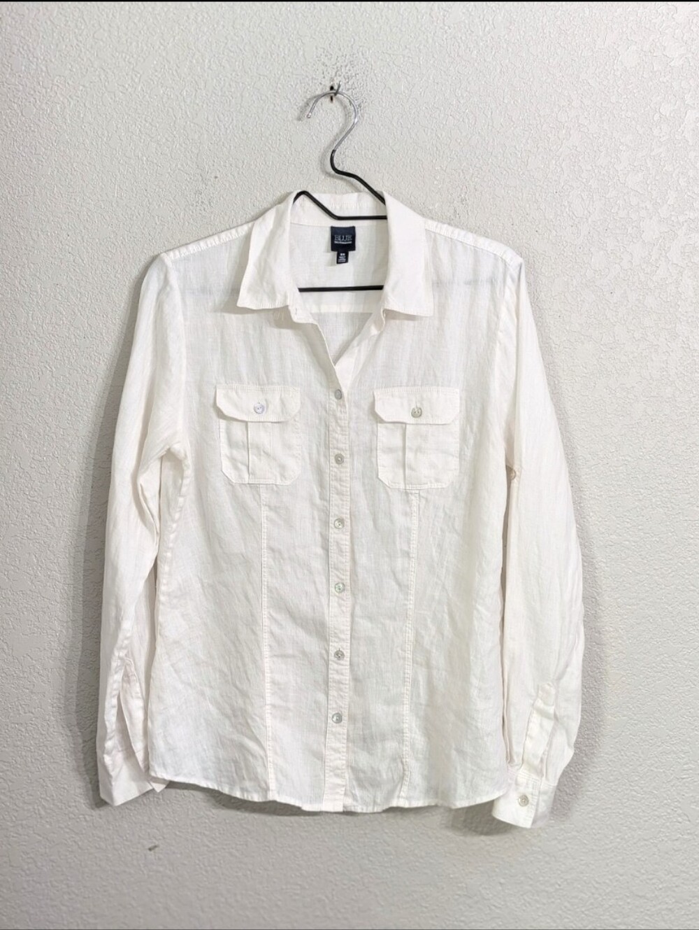 Blue Saks Fifth Avenue Woman White Linen Button-Up Shirt Size M Roll Tab Sleeve
